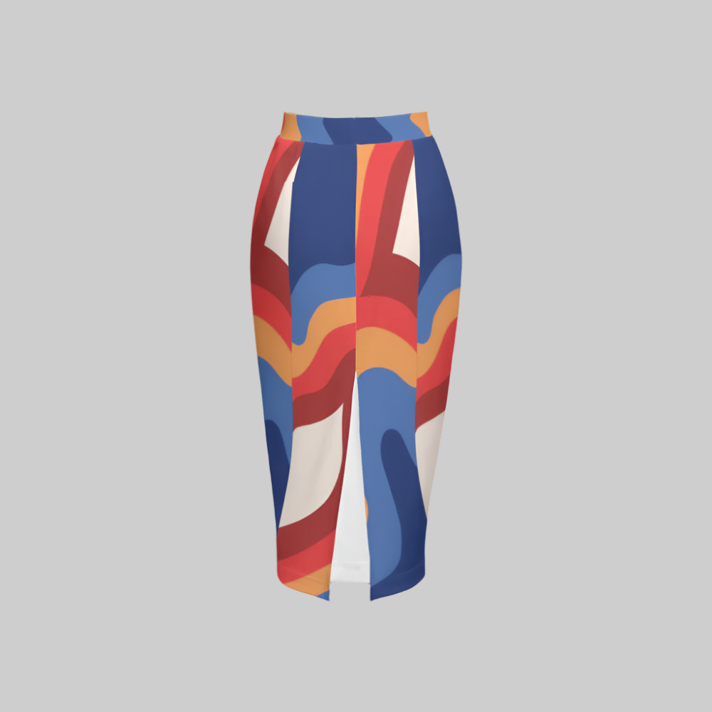 Geometric Puzzle Women’s Back Split Sustainable Pencil Skirt Knit