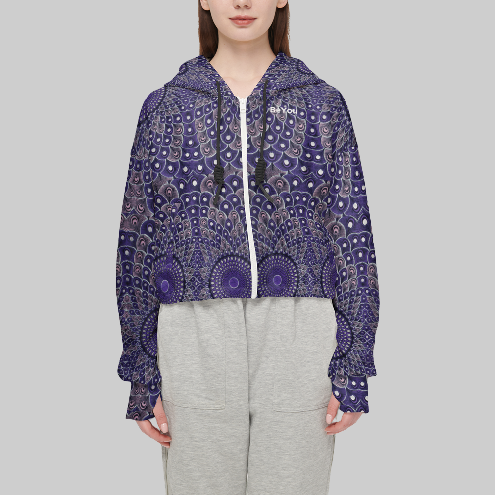 Purple Peacock Cropped Full-Zip Sustainable Hoodie