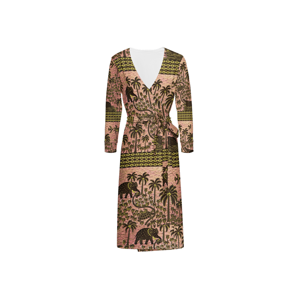 Green/Pink African Jungle ¾ Sleeve Sustainable Wrap Dress