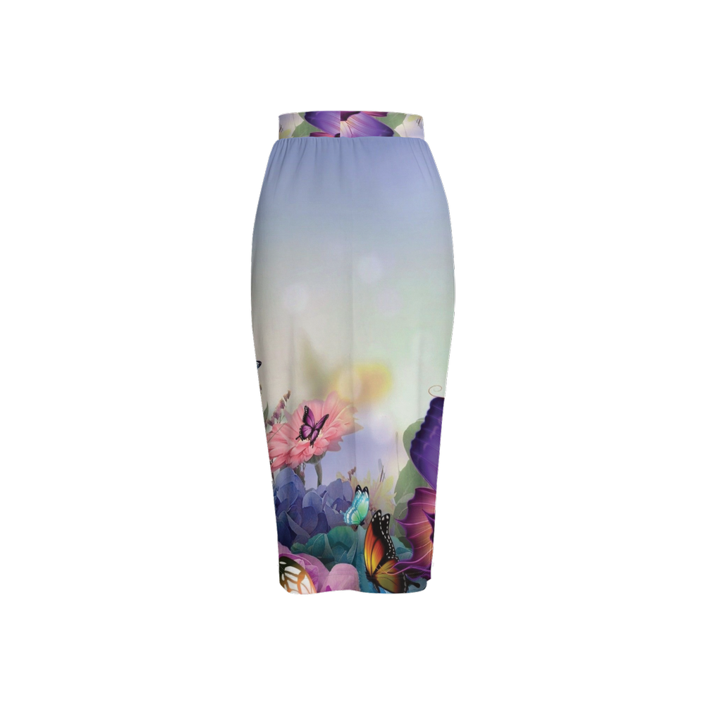 Floral Butterfly Women’s Back Split Sustainable Pencil Skirt Knit