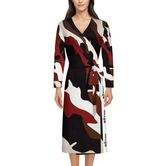 Red Mix Camouflage Sustainable Women’s ¾ Sleeve Wrap Dress