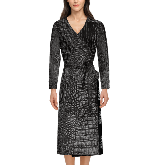 Black LUX Crocodile Sustainable Women’s ¾ Sleeve Wrap Dress