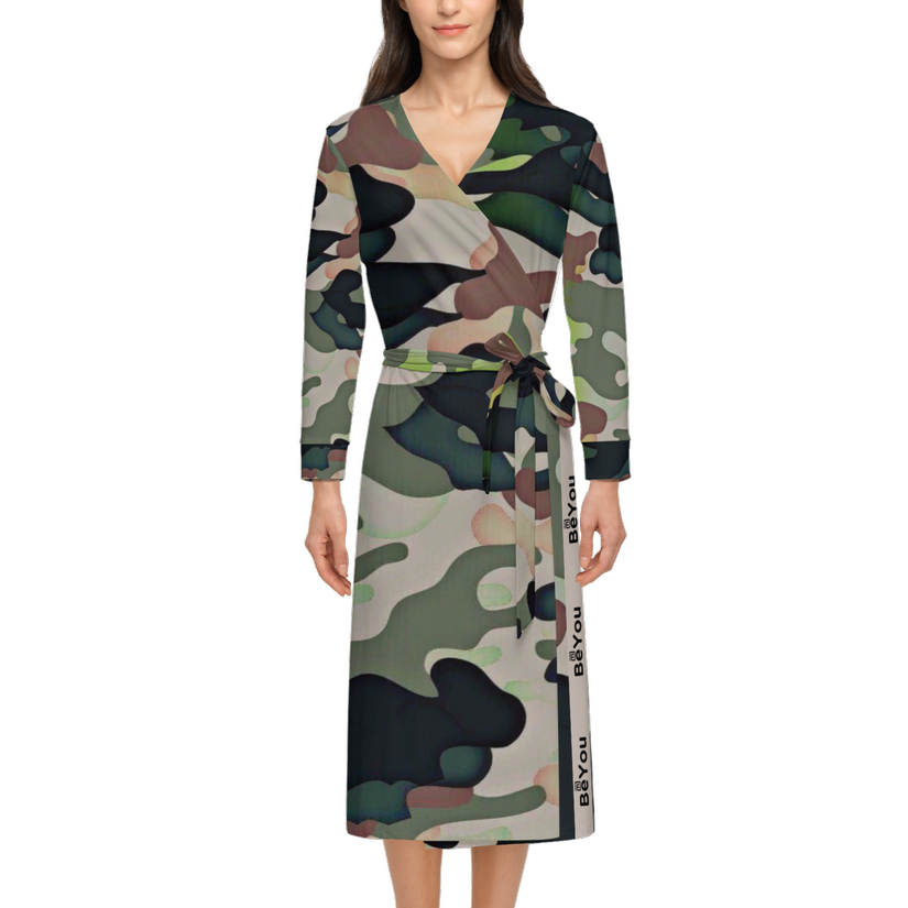 Green Mix Camouflage Sustainable Women’s ¾ Sleeve Wrap Dress