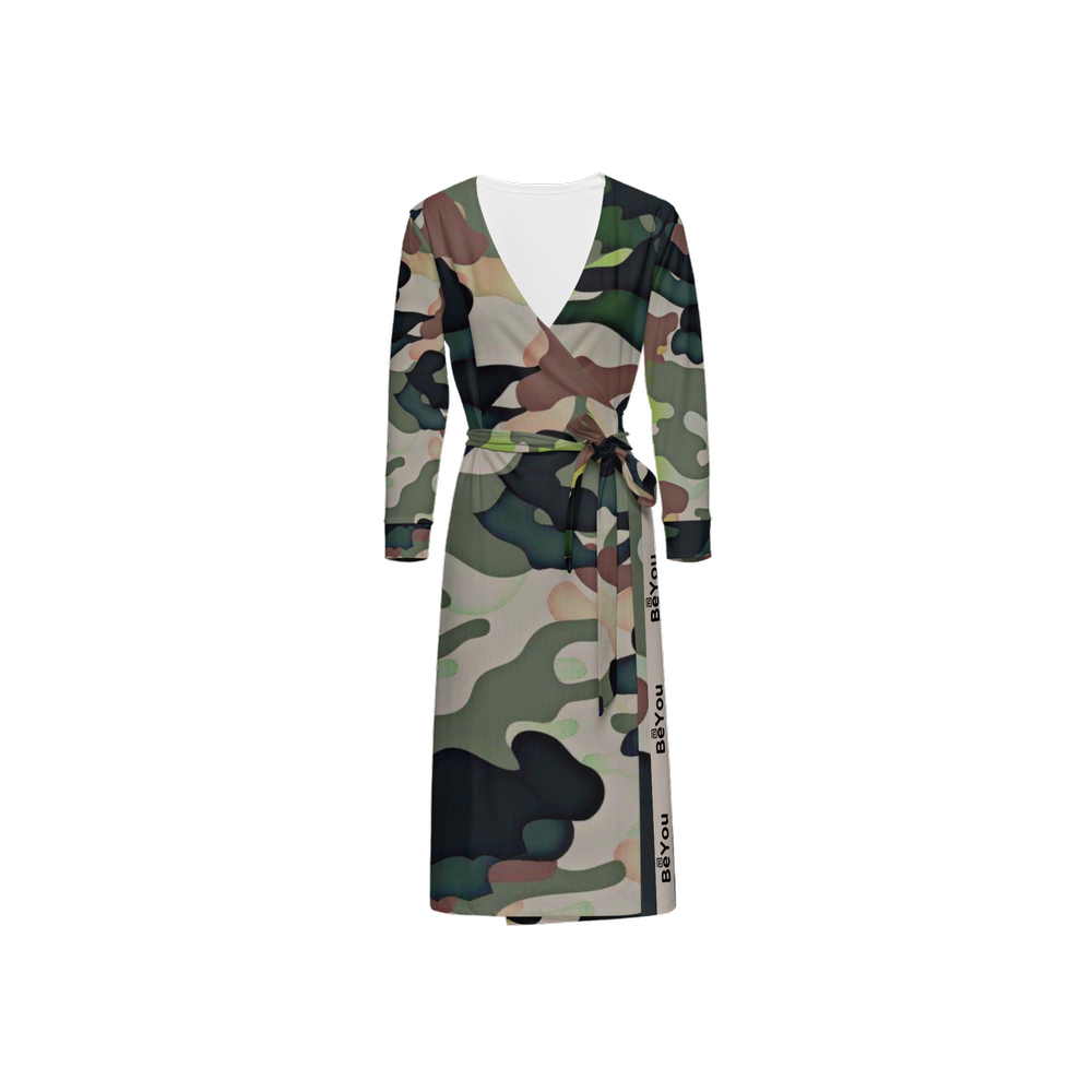 Green Mix Camouflage Sustainable Women’s ¾ Sleeve Wrap Dress