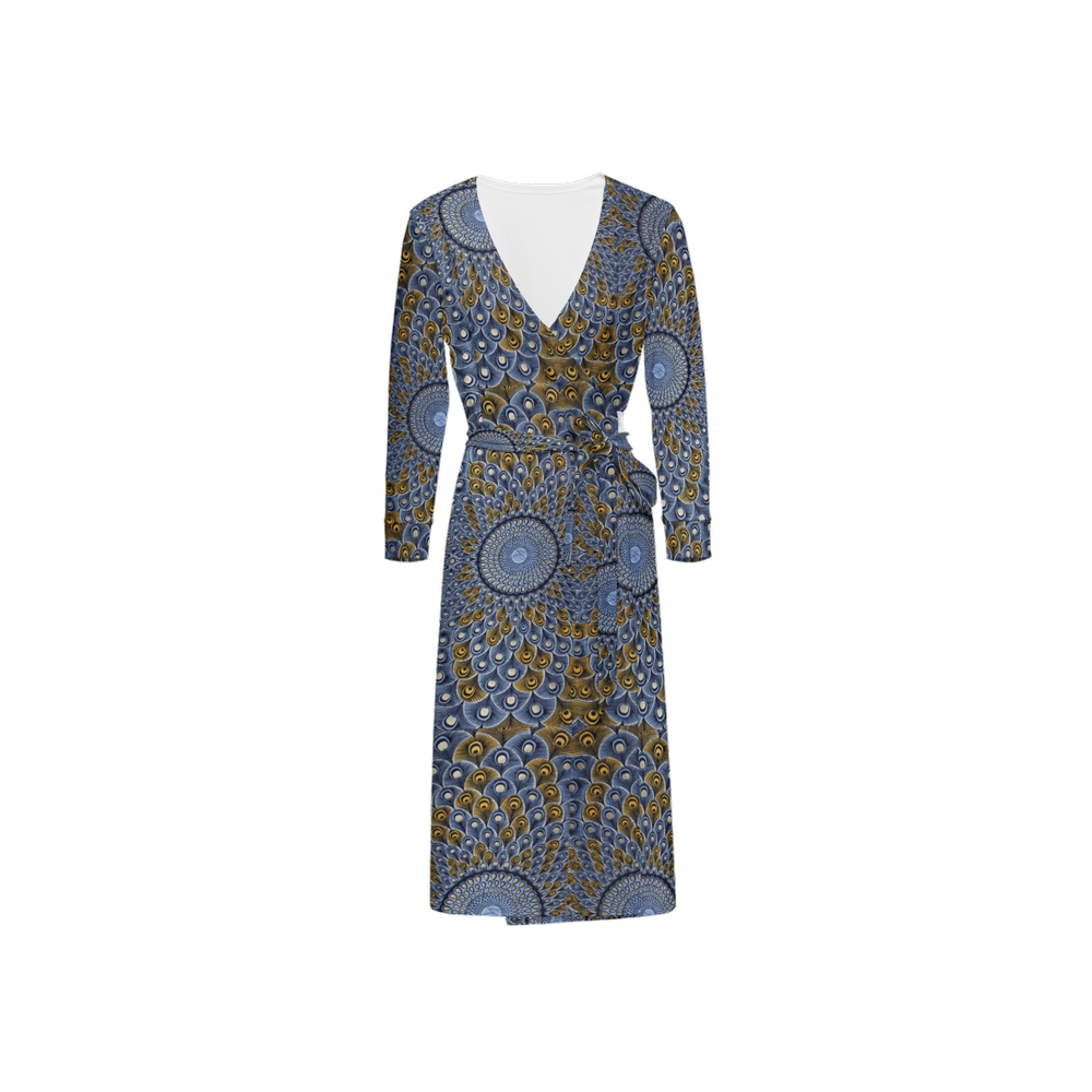 Blue & Gold Peacock ¾ Sleeve Sustainable Wrap Dress