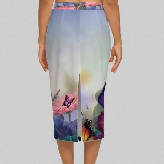 Floral Butterfly Women’s Back Split Sustainable Pencil Skirt Knit